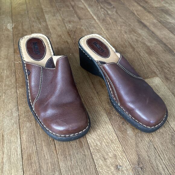 Born Clogs Slip-On Leather Mules Wedge Heel 9 Brown Open Back - Picture 1 of 11